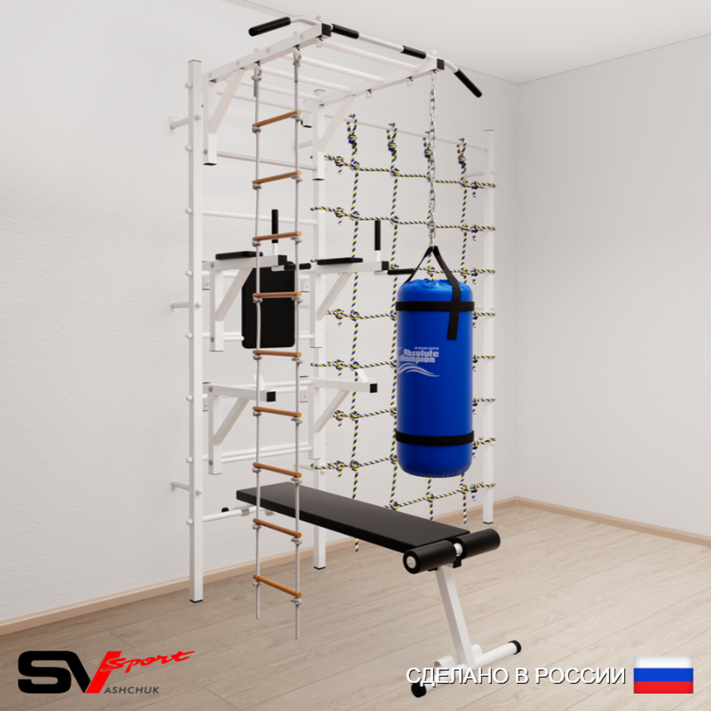 Шведская стенка Sv Sport усиленная 66230 (Турник рукоход/Брусья/Стойка/Скамья/Лестница/Цепь/Мешок 30кг/Канатный лаз)