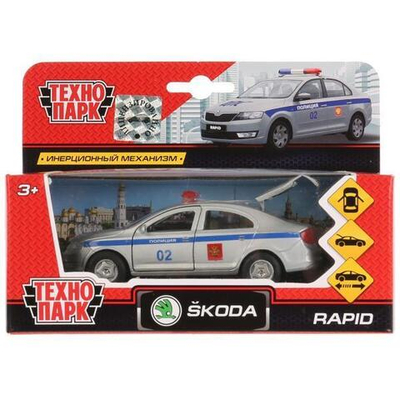 Модель ин. мет. "Skoda Rapid. Полиция" 12см, открыв. дв. и багажн, коробка SB-18-22-SR-P-WB (Технопарк)