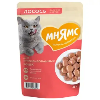 Влажный корм для стерилизованных кошек Мнямс на каждый день кусочки в соусе с лососем 85г 24 шт