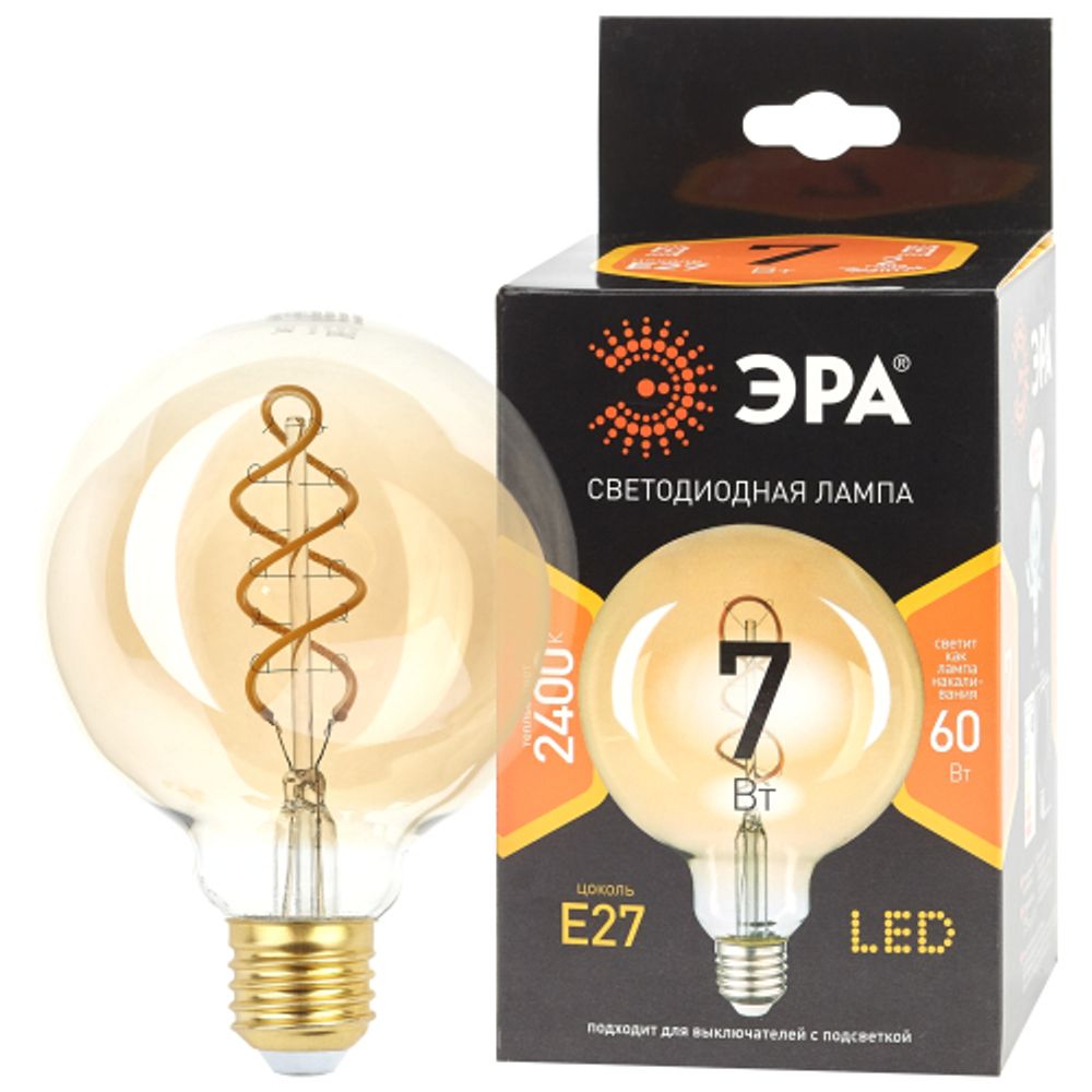Лампа светодиодная ЭРА F-LED G95-7W-824-E27 spiral 7Вт филамент шар золотистый теплый белый свет Е27 | Филаментные декоративные