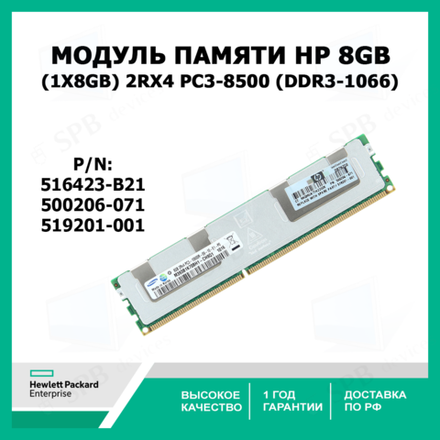 Модуль памяти Hewlett-Packard 8GB (1X8GB) 2RX4 PC3-8500 (DDR3-1066) , 516423-B21 ( 500206-071, 519201-001)