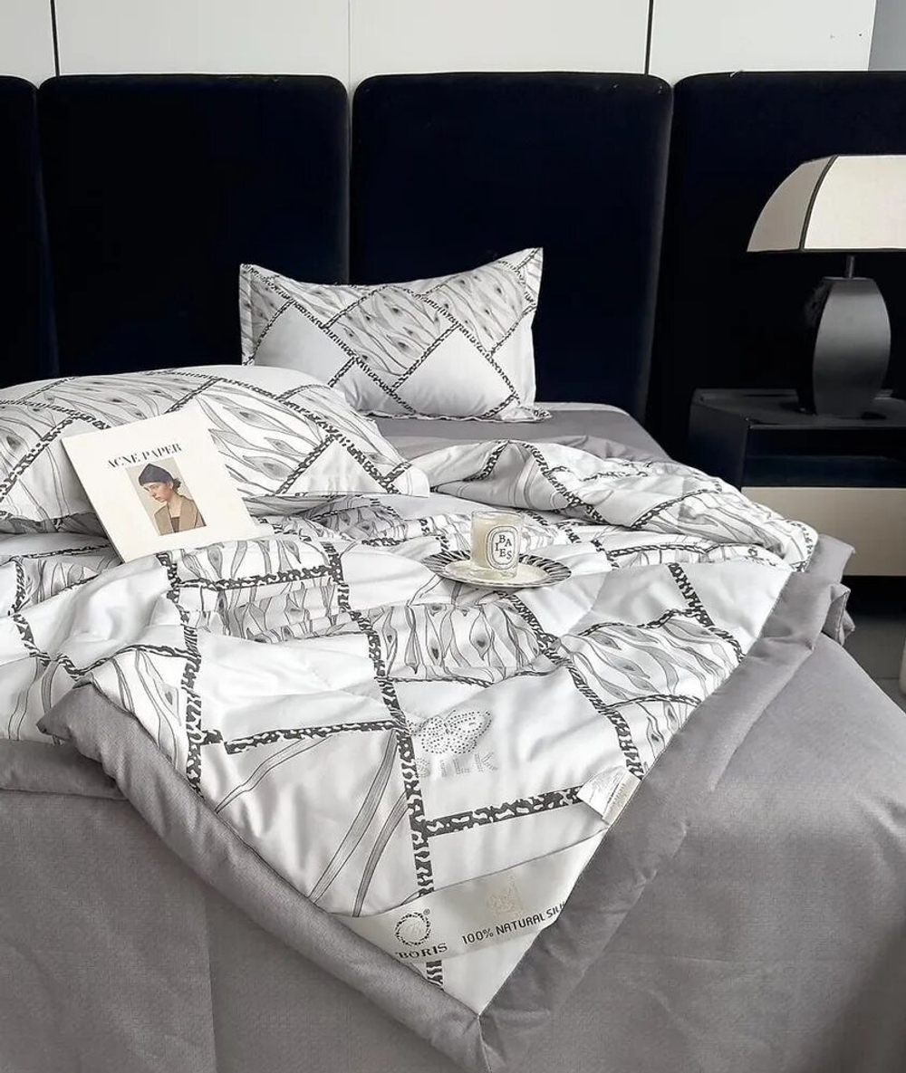 Комплект постельного белья с одеялом Boris Сатин, Евро, Серый/ Белый