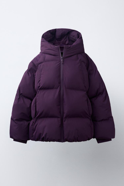 ZARA СТЕГАНАЯ КУРТКА С КАПЮШОНОМ WATER REPELLENT, ЛИЛОВЫЙ