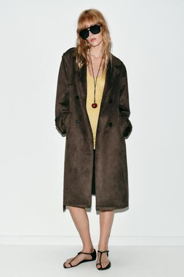 ZARA ДЛИННЫЙ ТРЕНЧ ИЗ ИСКУССТВЕННОЙ ЗАМШИ С ПОЯСОМ, СВЕТЛЫЙ ХАКИ