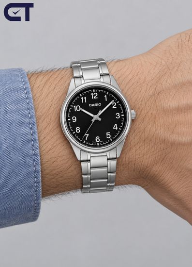 CASIO MTP-V005D-1B4 CASIO Collection мужские наручные часы — чёрный циферблат с контрастной разметкой и стальной браслет