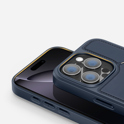 Чехол синего цвета с поддержкой MagSafe и подставкой-картхолдером от Dux Ducis для iPhone 16 Pro, серия Rafi II Mag Series