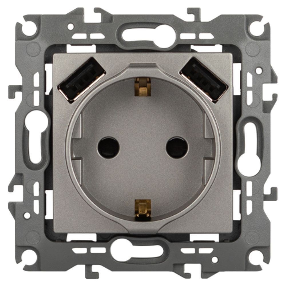 Розетка ЭРА Серия 12 12-4109-16 2P+E 16A-250В шторками с 2xUSB 5В-3А титан | Эра 12