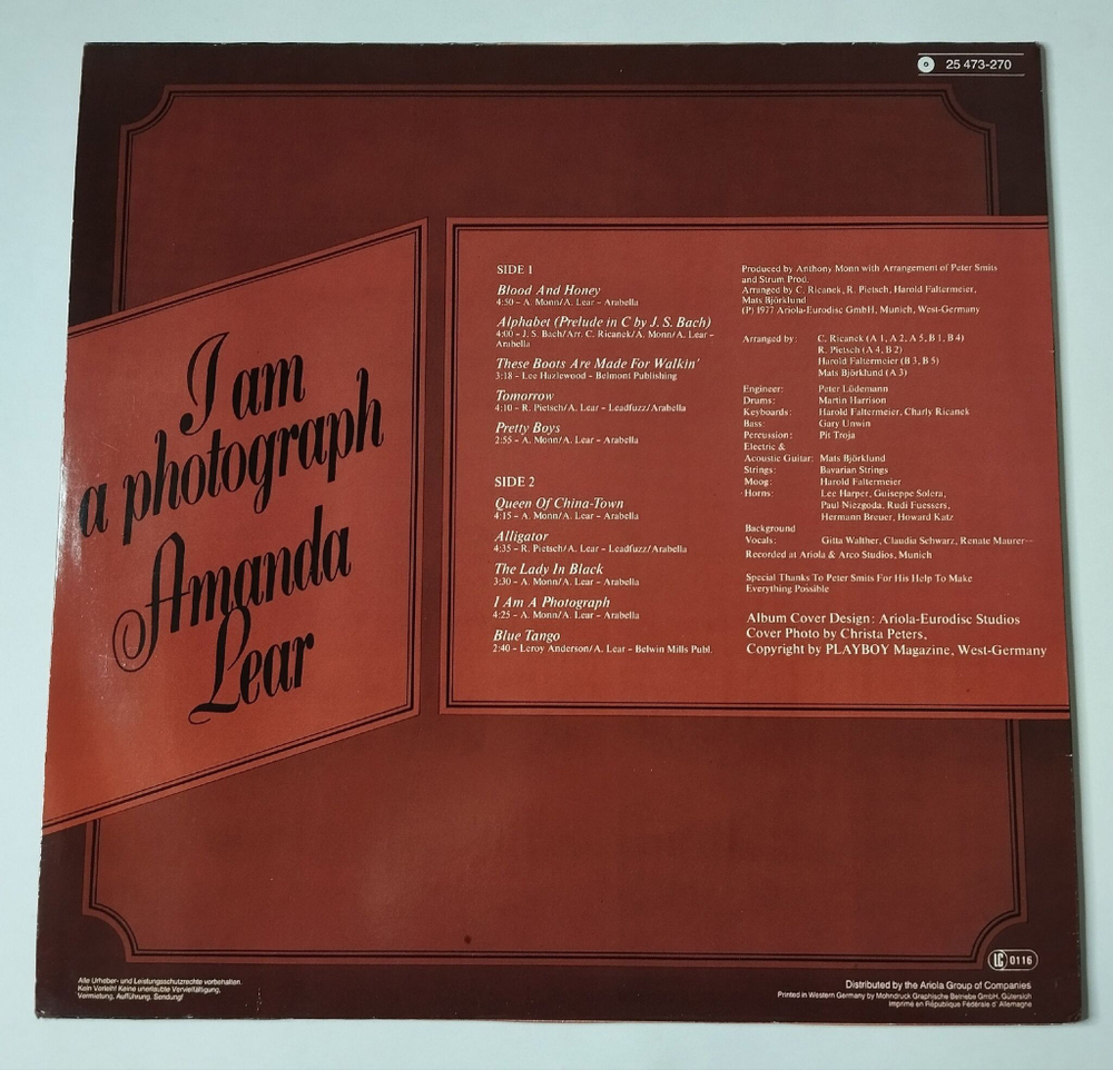 Винтажная виниловая пластинка LP Amanda Lear I Am A Photograph (Germany 1977) Blood And Honey