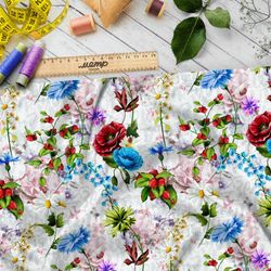 Ткань шифон сочные контрастные цветы на бежевом фоне