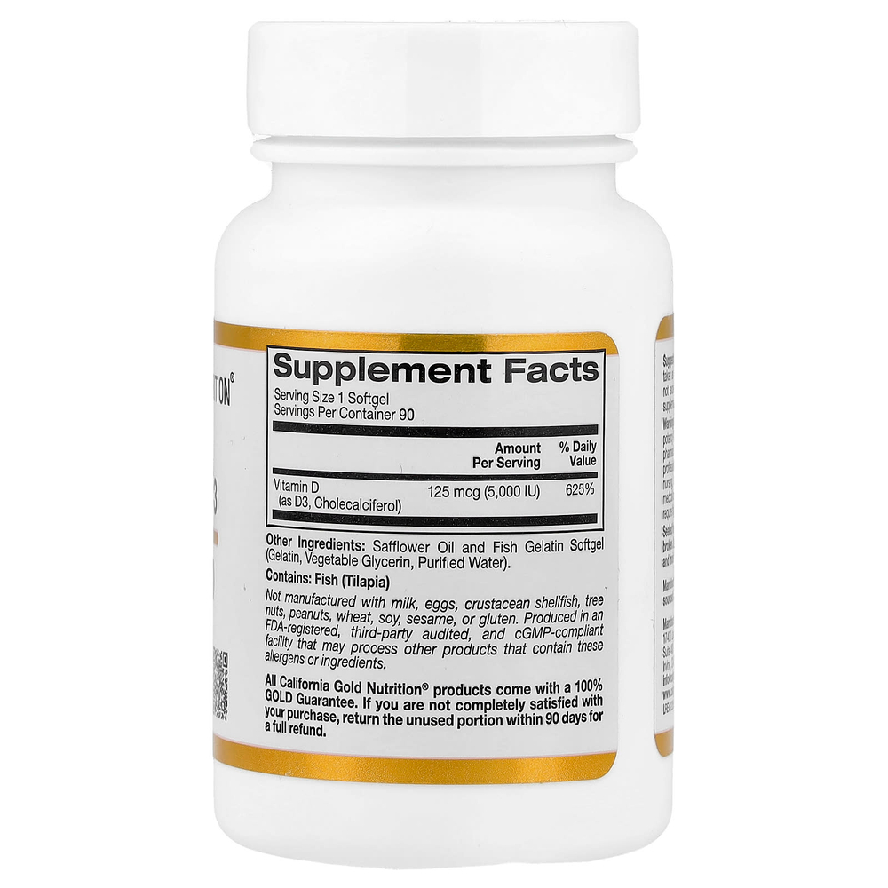California Gold Nutrition, витамин D3, 125 мкг (5000 МЕ), 90 капсул из рыбьего желатина