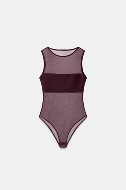 ZARA БОДИ ИЗ КОМБИНИРОВАННОЙ ТКАНИ, ТЕМНО-БОРДОВЫЙ