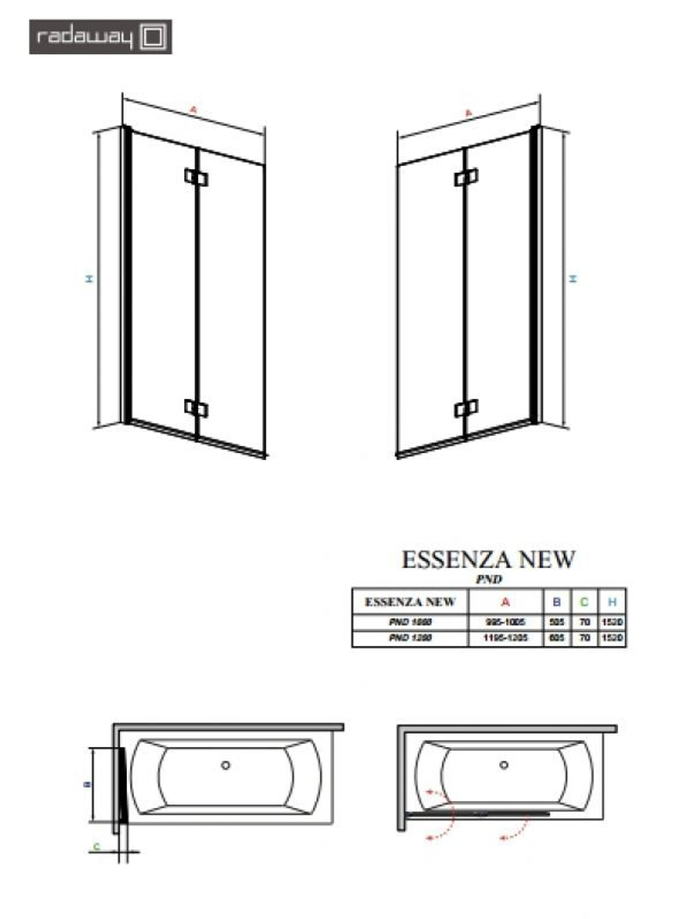Шторка на ванну  Radaway Essenza New  PND 100 207210-01L левая, крепится слева, профиль хром, стекло прозрачное 100x150см. схема