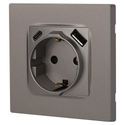 Розетка ЭРА Серия 12 12-4108-16 2P+E 16A-250В со шторками с USB type-A+C 5В-3А титан | Эра 12