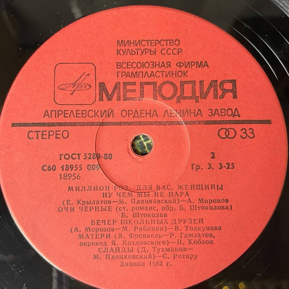 Винтажная виниловая пластинка LP Сборник Миллион Роз (СССР 1983) Очи Черные