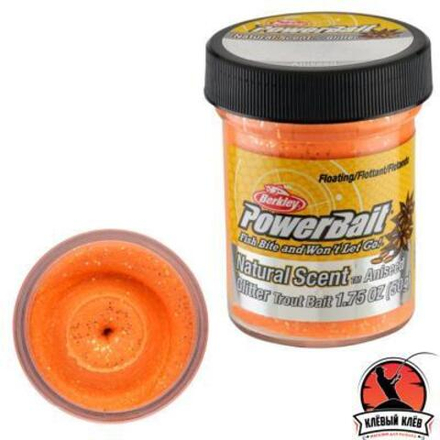 Паста форелевая Berkley Powerbait Natural Scent Glitter Trout Bait (50 г) Garlic Fluo Orange