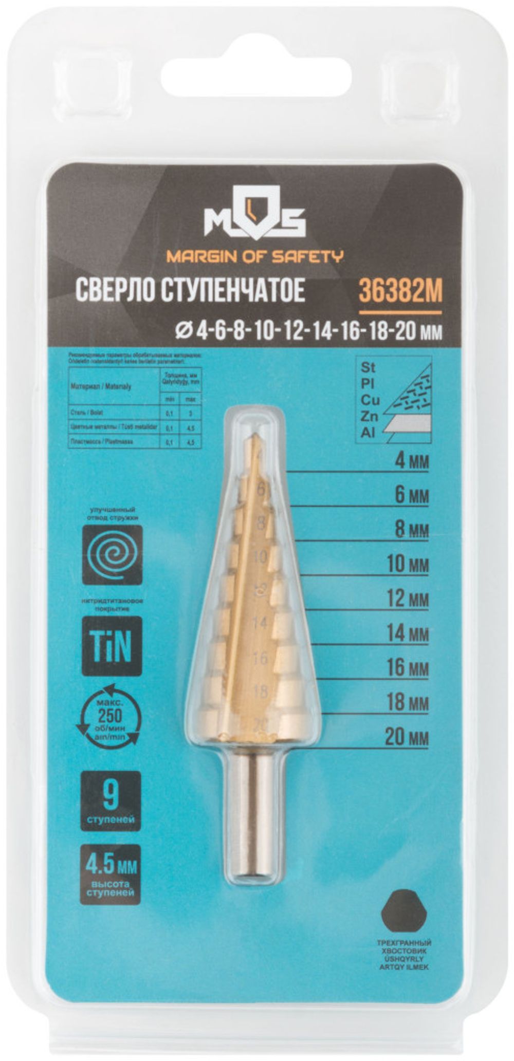36382М Сверло ступенчатое HSS по металлу // 9 ступеней // 4-20 мм // MOS