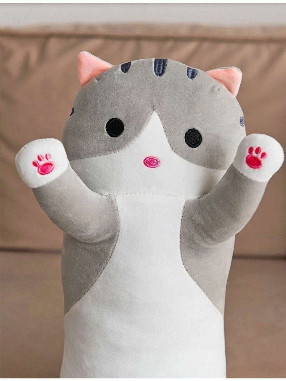 Мягкая игрушка длинный Кот батон, серый, 90 см
