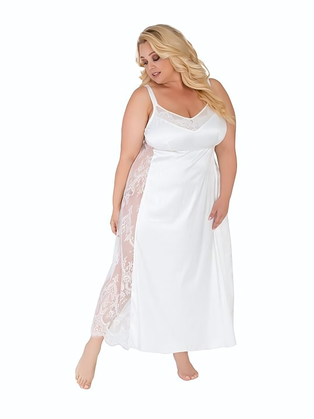 Длинная сорочка plus size с кружевными вставками (Размер: 5X) (Цвет: молочный)