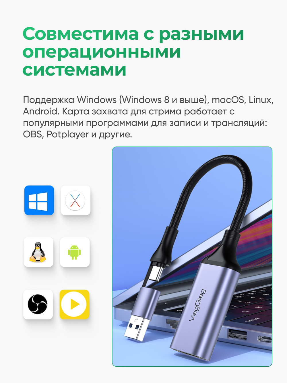 Карта видеозахвата HDMI – USB/Type-C VegGieg | Video Capture 4K | Для камеры, OBS, iPad, ноутбука