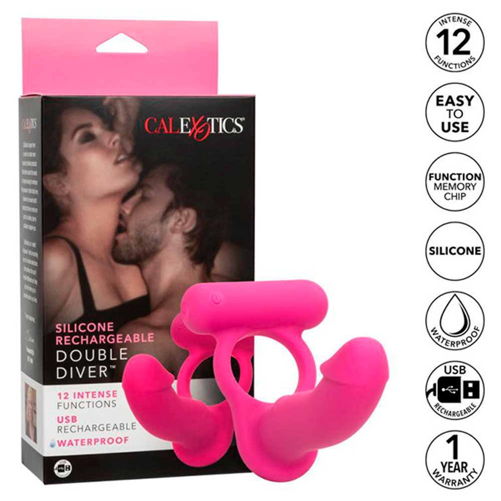 Розовая вибронасадка для двойного проникновения California Exotic Novelties Silicone Rechargeable Double Diver SE-1844-15-3