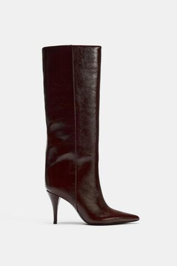 ZARA КОЖАНЫЕ САПОГИ НА КАБЛУКЕ, КОРИЧНЕВЫЙ