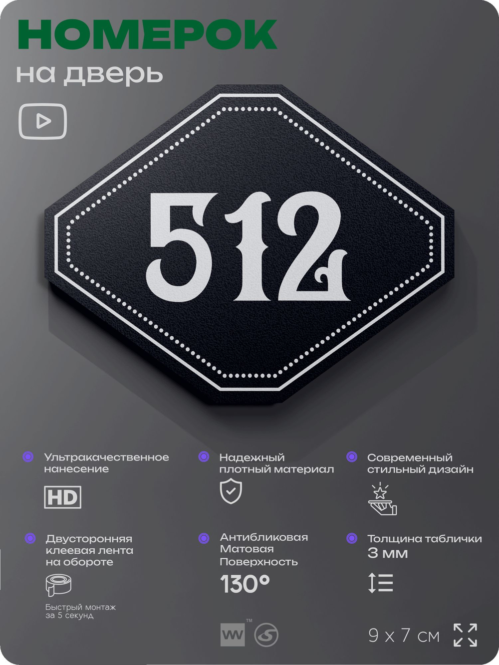 Номерок на дверь квартиры 512, для кабинета, офиса, шильдик 9 х 7 см, черный, Айдентика Технолоджи