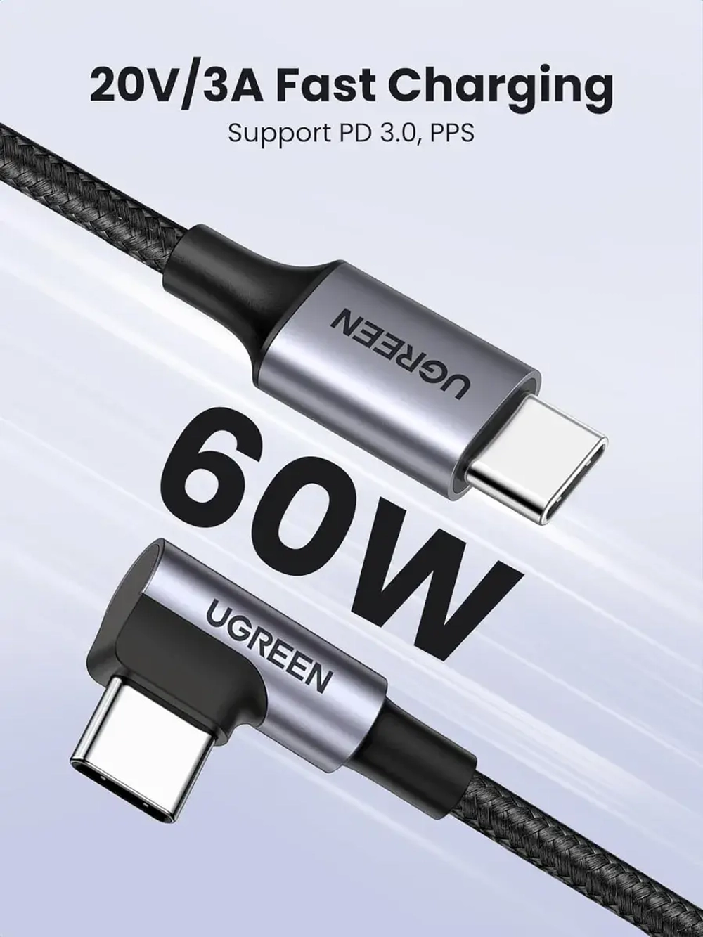 USB C кабель угловой L Угрин 60W с быстрой зарядкой
