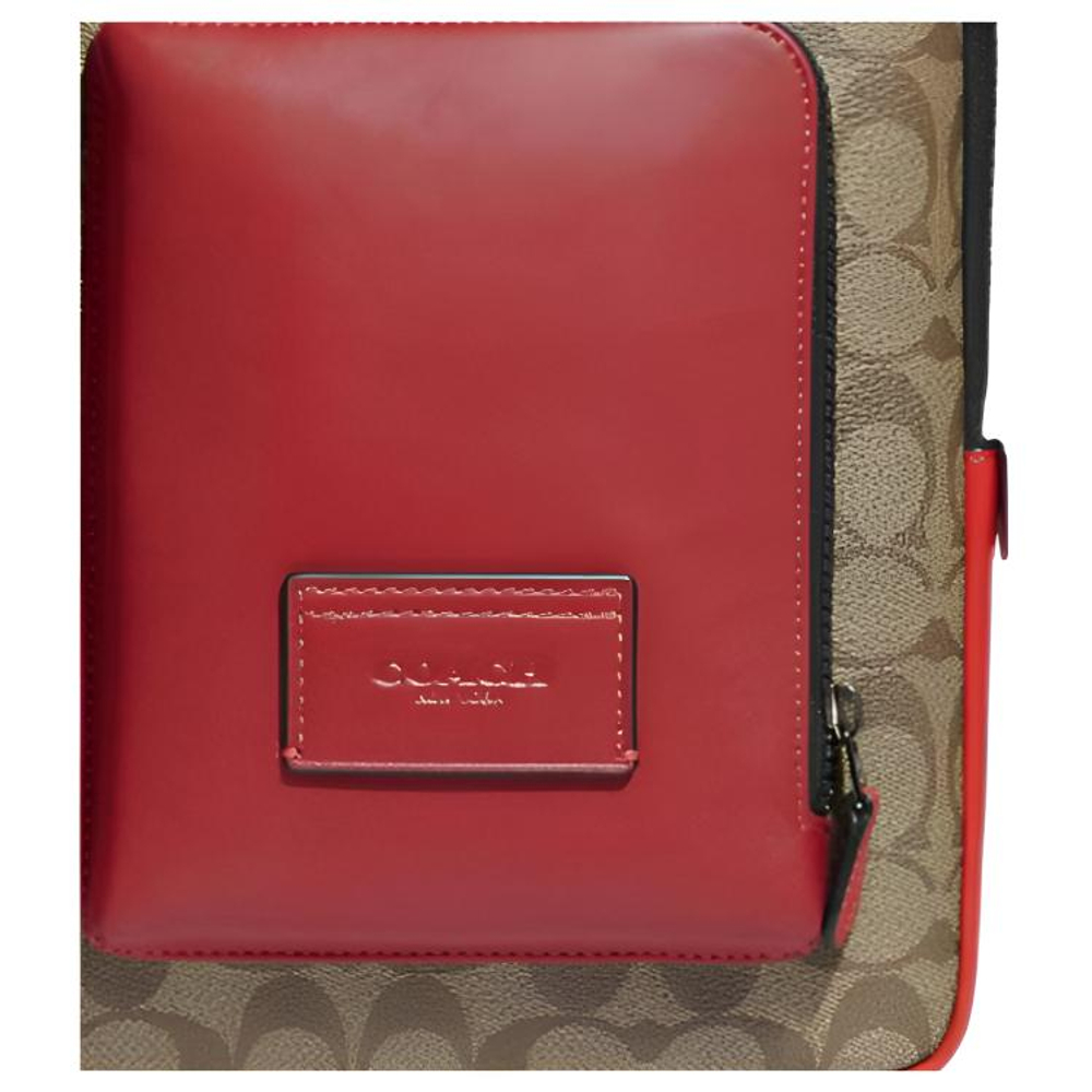 COACH Coated Canvas With Calfskin Laptop Bag Large Men"s Khaki & Red