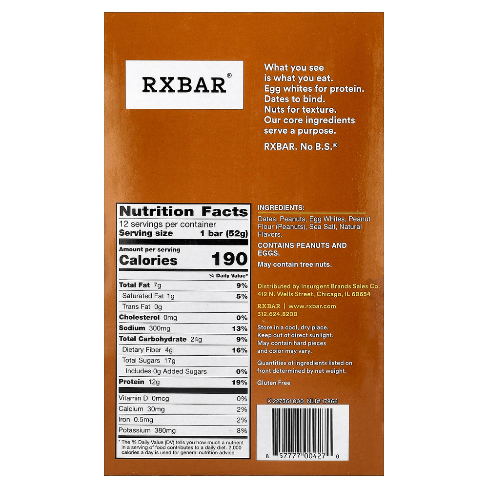 RXBAR, протеиновый батончик, арахисовая паста, 12 батончиков по 52 г (1,83 унции)