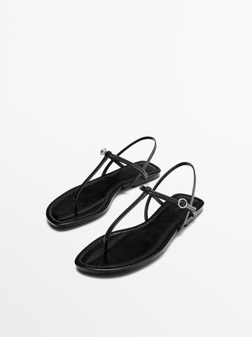 Massimo Dutti Сандалии на плоской подошве с ремешками и разделителем для пальцев ног, черный