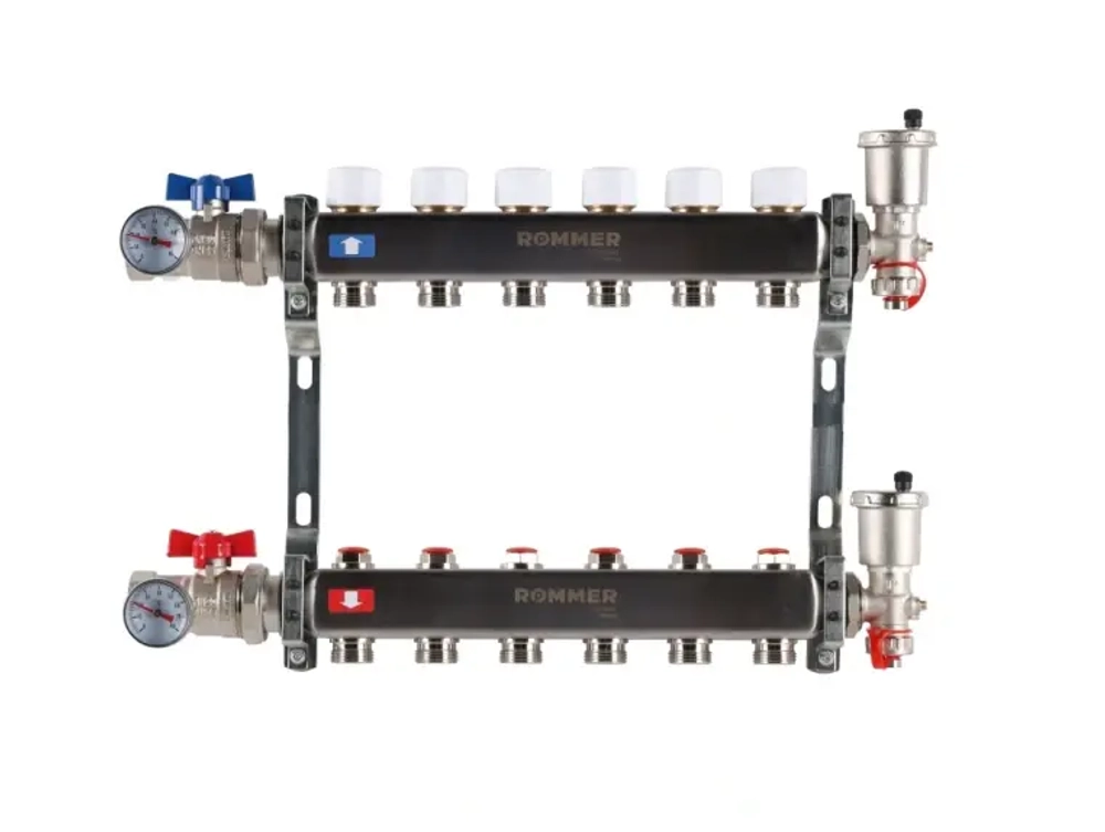 Колекторная группа для отопления из нержавеющей стали Rommer 1* х 3/4* - 6 выходов (в сборе без расходомеров)