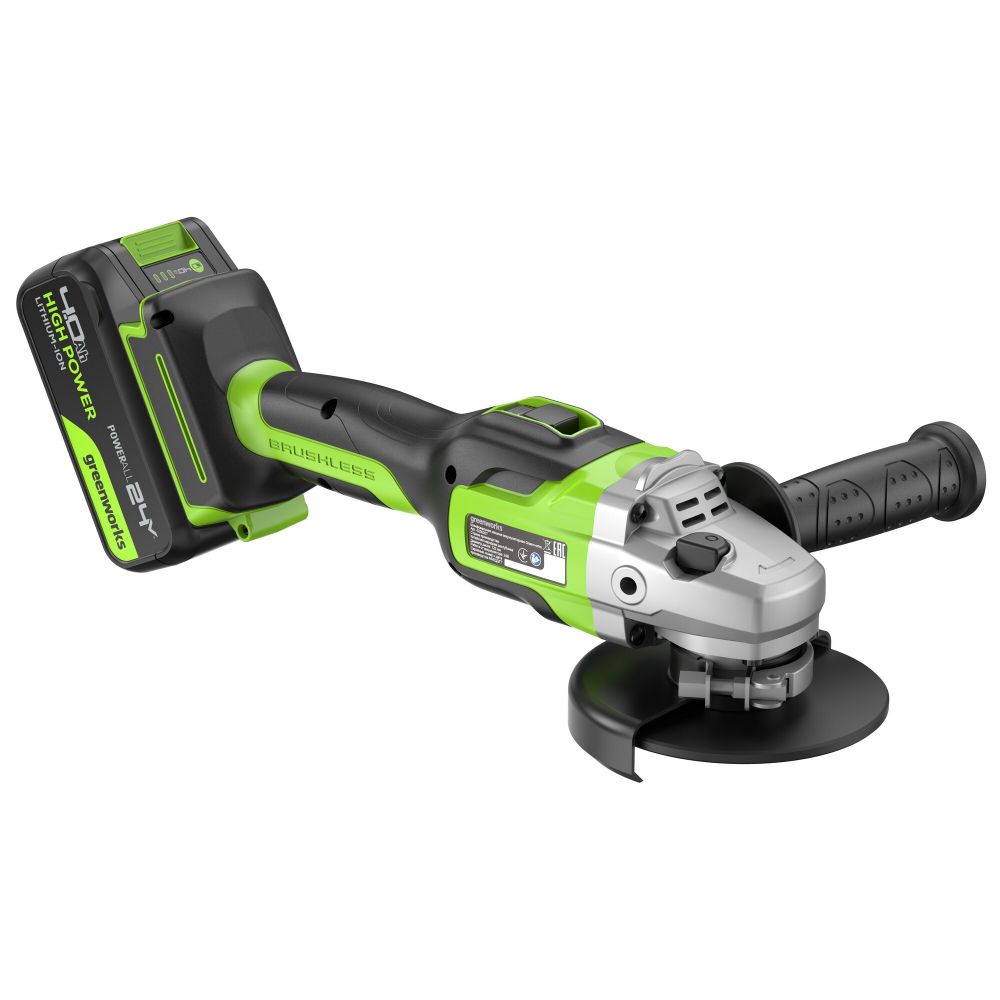 Угловая шлифовальная машина акк. Greenworks GD24AG, 24V, б/щет, 125 мм, 10500 об/мин,1x4Ач,быстрое ЗУ,кор (3200207CUB)