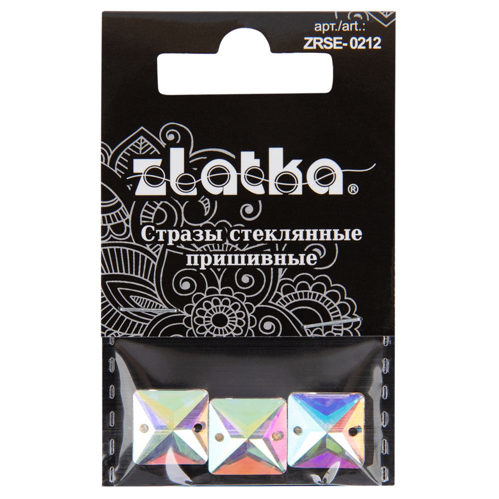 Стразы стекло 12х12 мм, 15 шт (5х3 шт), №02 перламутровый (AB-crystal), Zlatka ZRSE-0212