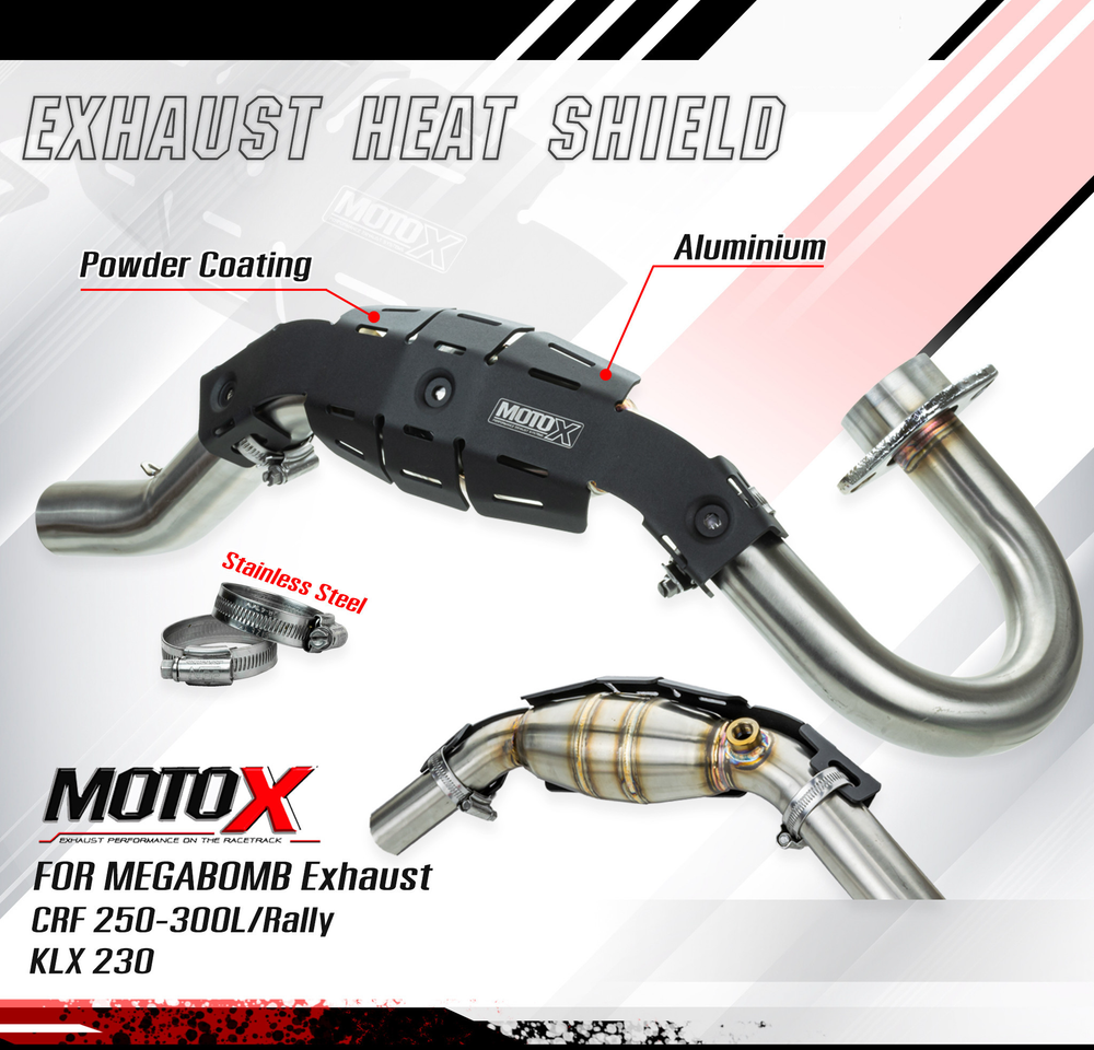 Exhaust Heat Shield MANIFOLD GUARD MOTO-X for Megabomb pipes Honda CRF250-300l-M-Rally, KLX230 Kawasaki.