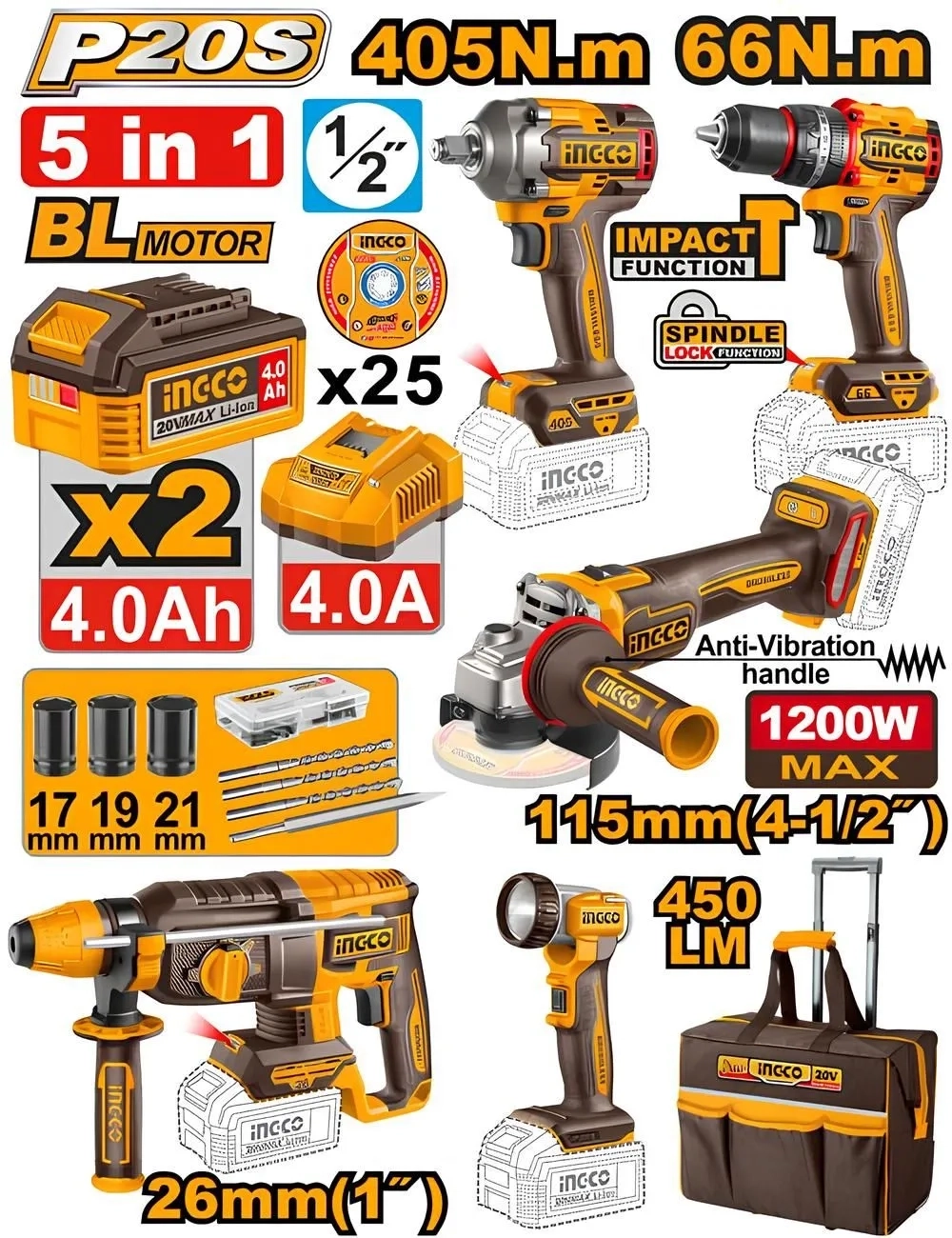 Набор аккумуляторного инструмента INGCO CKLI20595 INDUSTRIAL 20 В 5 шт.