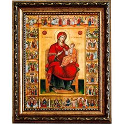 Акафистная икона с клеймами. Икона Божьей Матери на холсте.