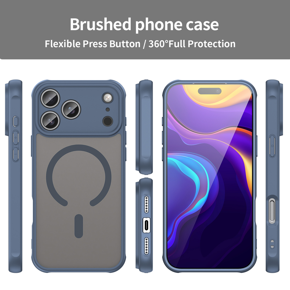Матовый полупрозрачный чехол с MagSafe для iPhone 17 Pro Max, усиленные боковые рамки синего цвета