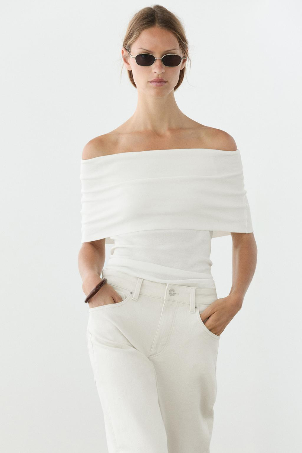 Massimo Dutti Хлопковый топ с открытыми плечами, белый