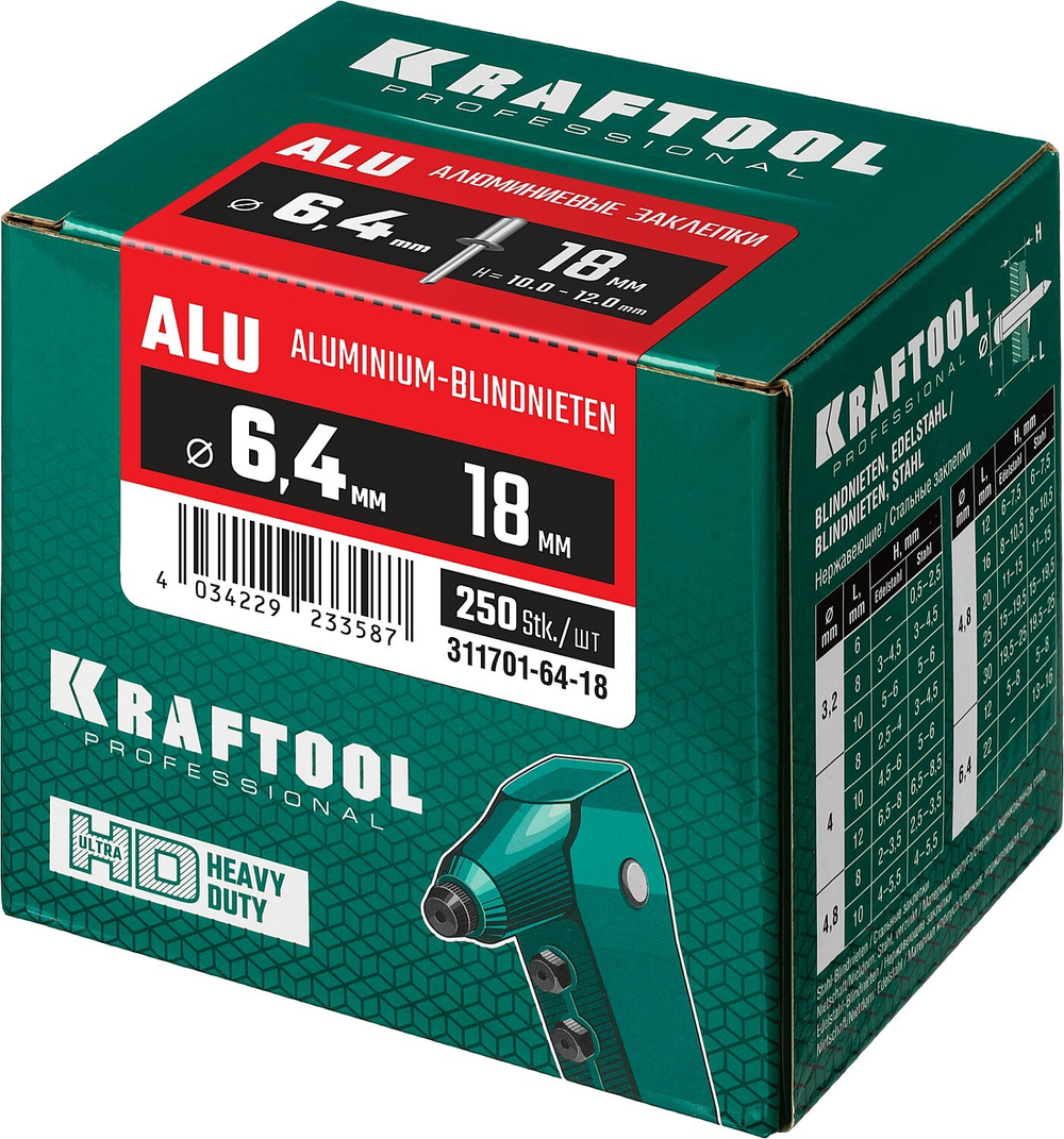 KRAFTOOL Alu (Al5052), 6.4 x 18 мм, 250 шт, алюминиевые заклепки (311701-64-18)