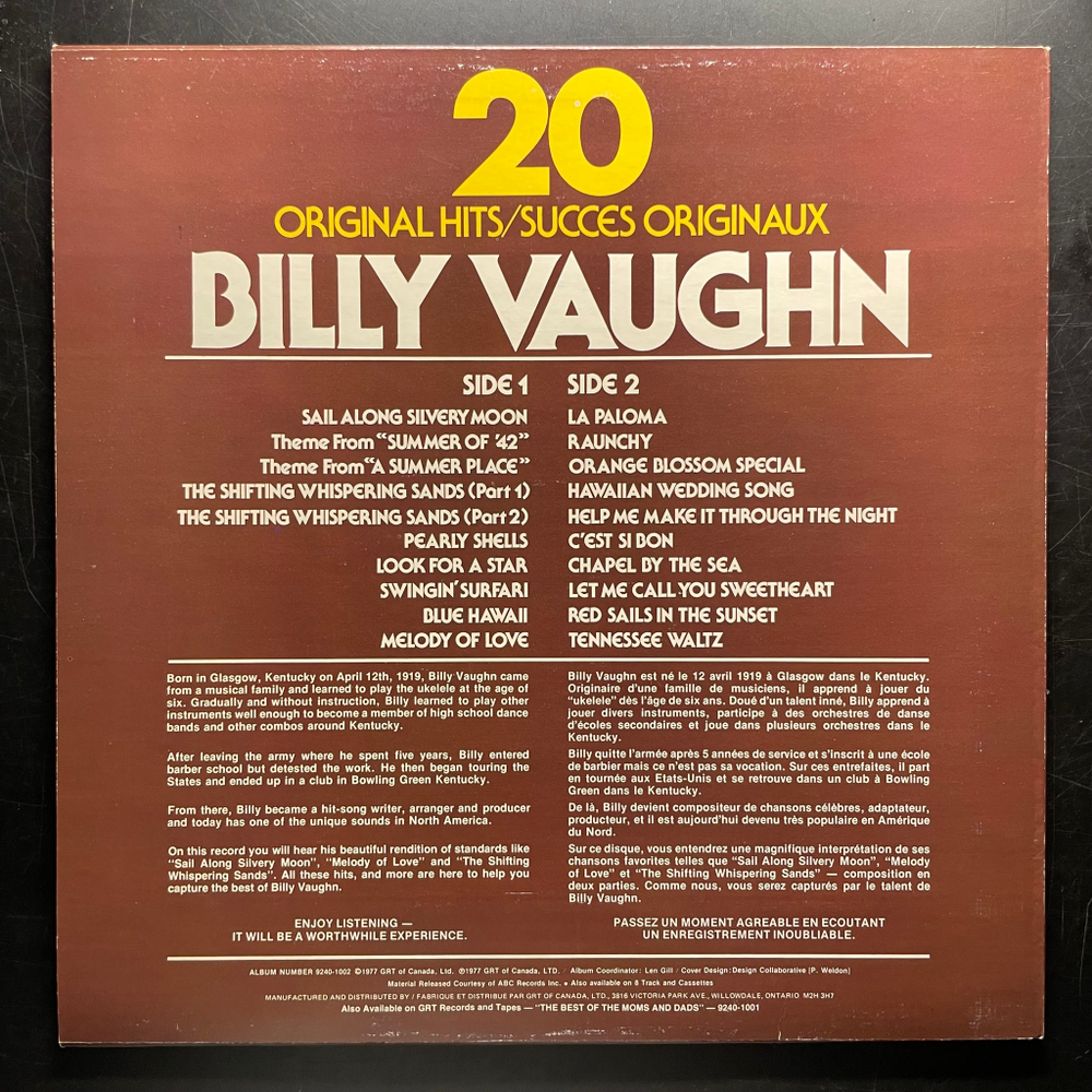 Billy Vaughn ‎– 20 Original Hits - 20 Succes Orginaux (Канада 1977г.)