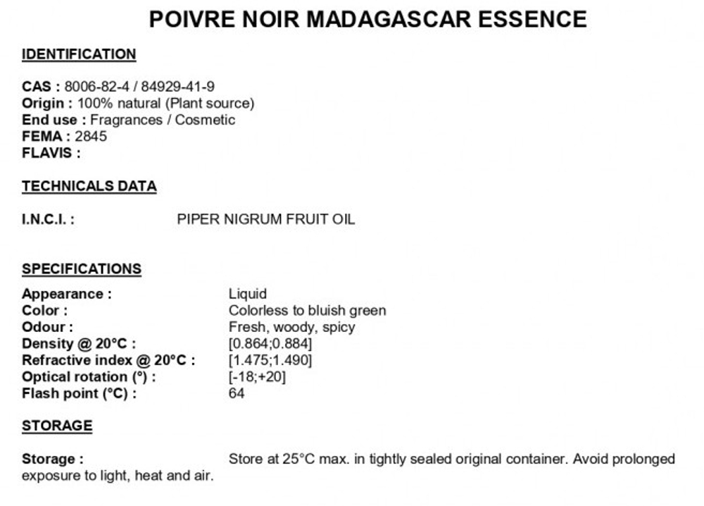 BLACK PEPPER MADAGASCAR EO / ЧЁРНЫЙ ПЕРЕЦ МАДАГАСКАРСКИЙ Э.М. CAS 8006-82-4 ;84929-41-9
