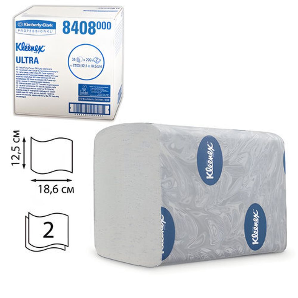 Бумага туалетная листовая KIMBERLY-CLARK Kleenex, КОМПЛЕКТ 36 шт., Ultra, 200 л., 18,6х12,5 см, 2-слойная, артикул 8408