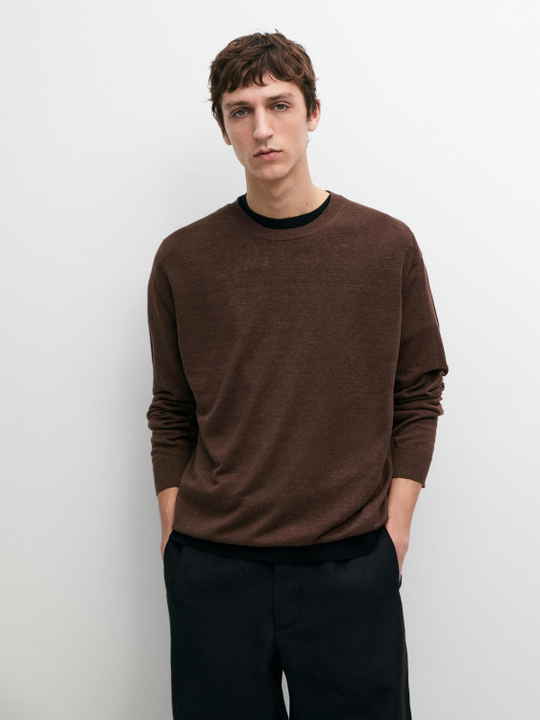 Massimo Dutti Вязаный льняной свитер с круглым вырезом, красно-коричневый
