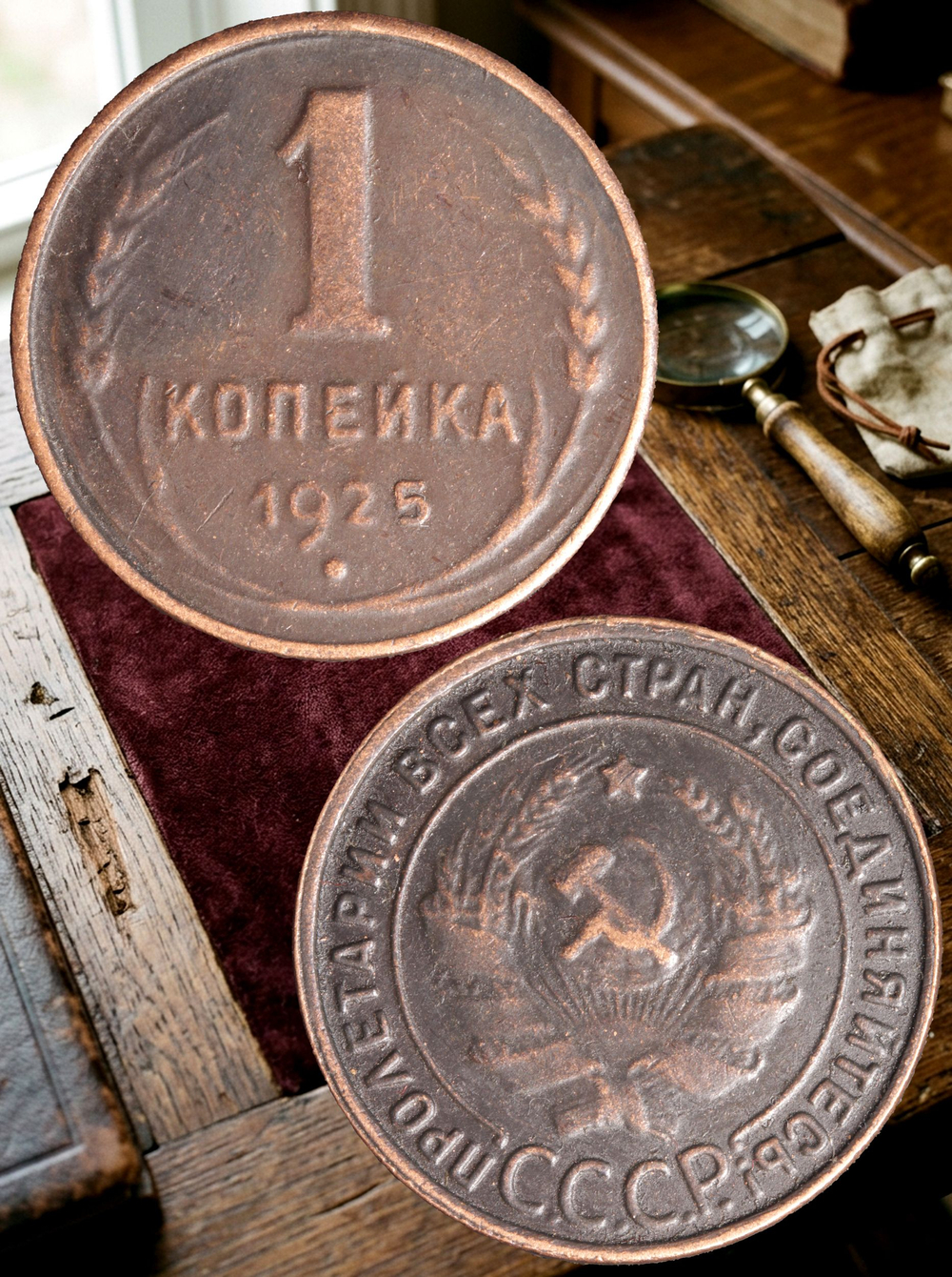 1 копейка 1925 года СССР. Советский Союз. Погодовка. Советы. Копия редкой монеты. Медь патина. Гурт гладкий