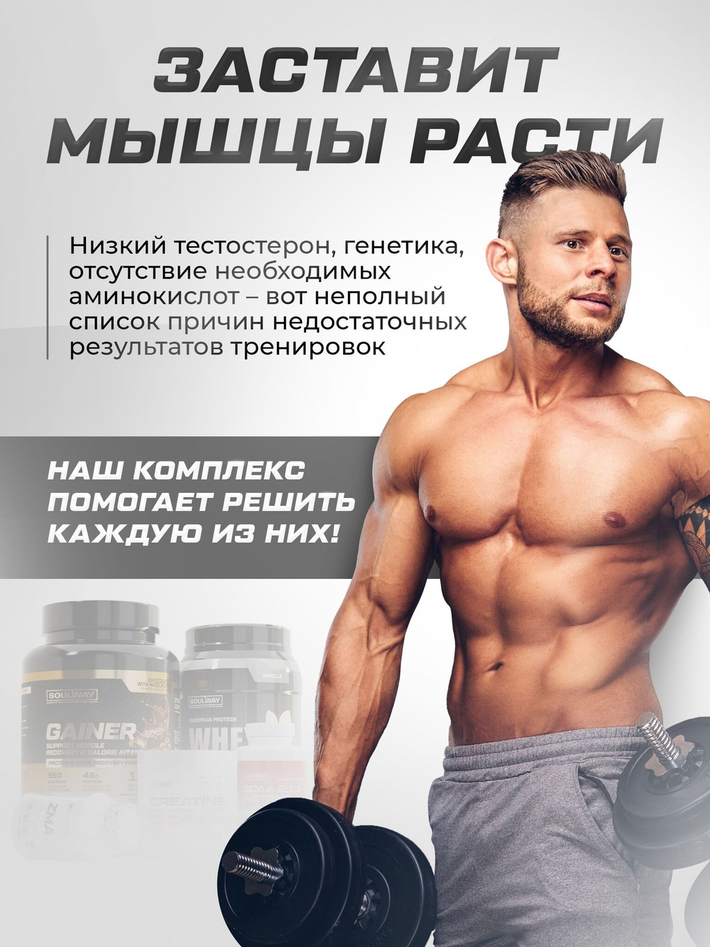 Набор для наращивания мышечной массы Гейнер + Протеин + Креатин + BCAA + ZMA