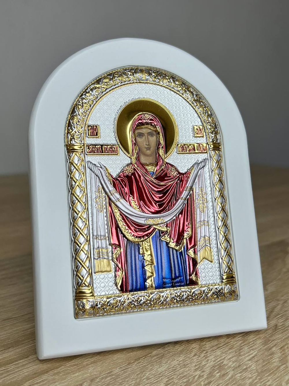 Покрова БМ, икона арочная, белое дерево, эмаль 105х140