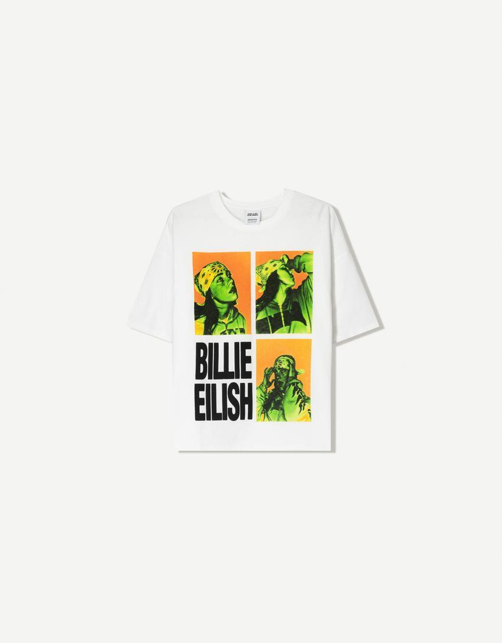 BERSHKA Футболка с коротким рукавом и принтом Billie Eilish, белый