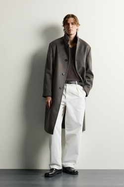ZARA ПАЛЬТО RELAXED FIT С ВЫСОКИМ ВОРОТНИКОМ, СЕРО-КОРИЧНЕВЫЙ