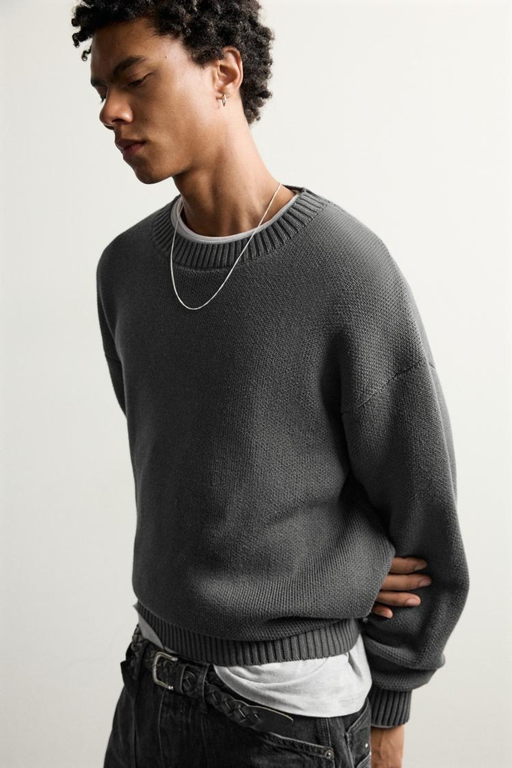 ZARA СВИТЕР RELAXED FIT ИЗ 100% ХЛОПКА, УГОЛЬНЫЙ