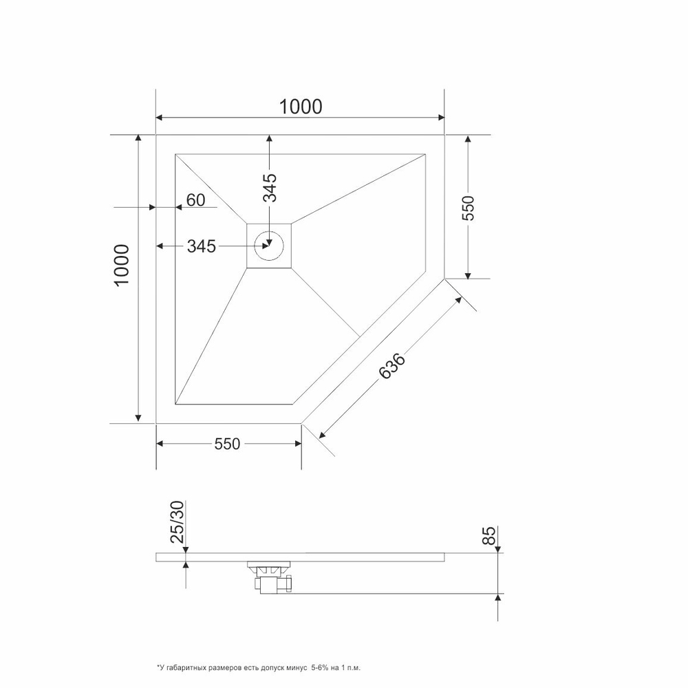 Душевой поддон трапеция RGW ST/T-G Графит (1000x1000)